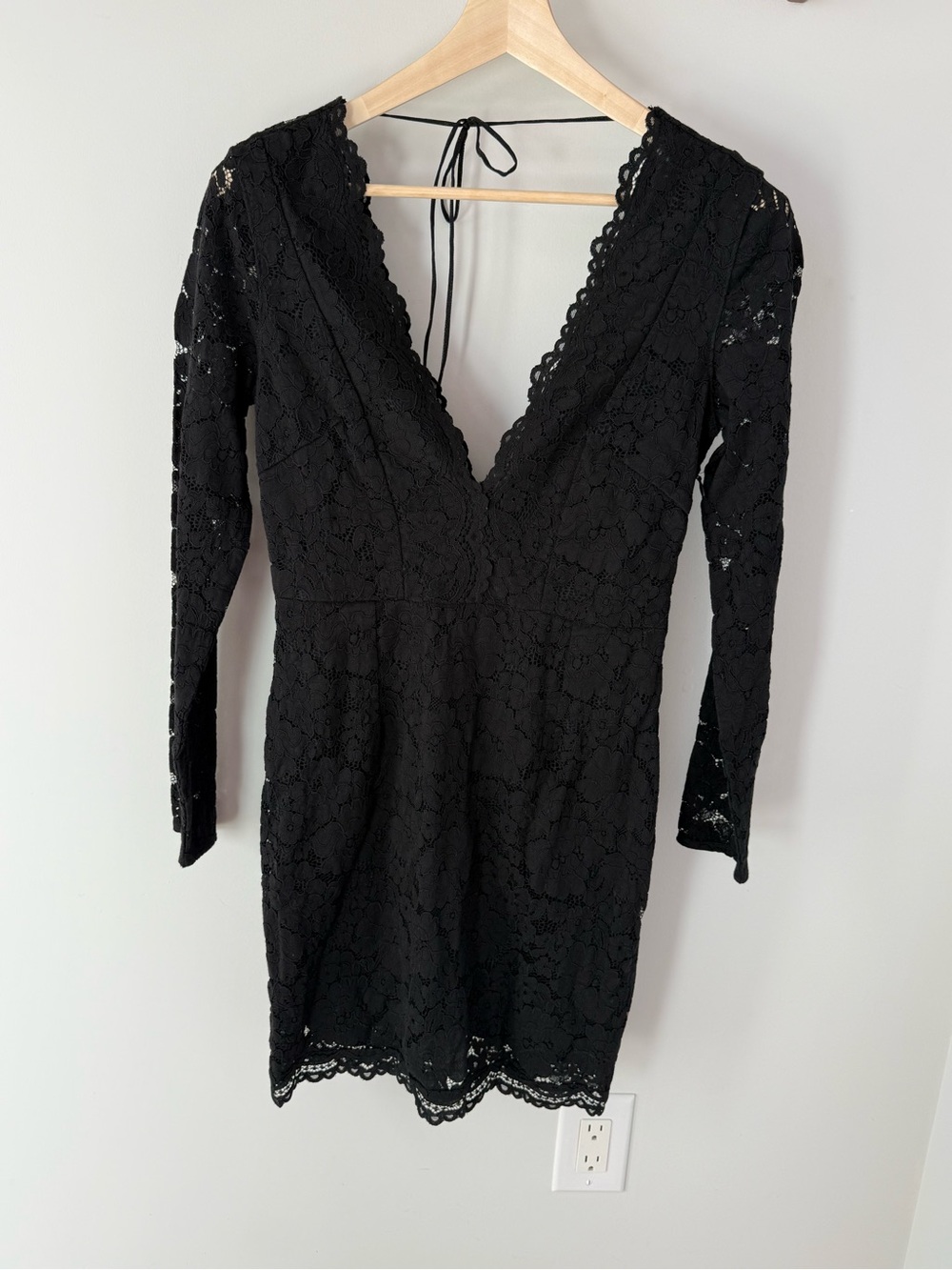 Black Lace Plunge-Neck Long Sleeve Dress
